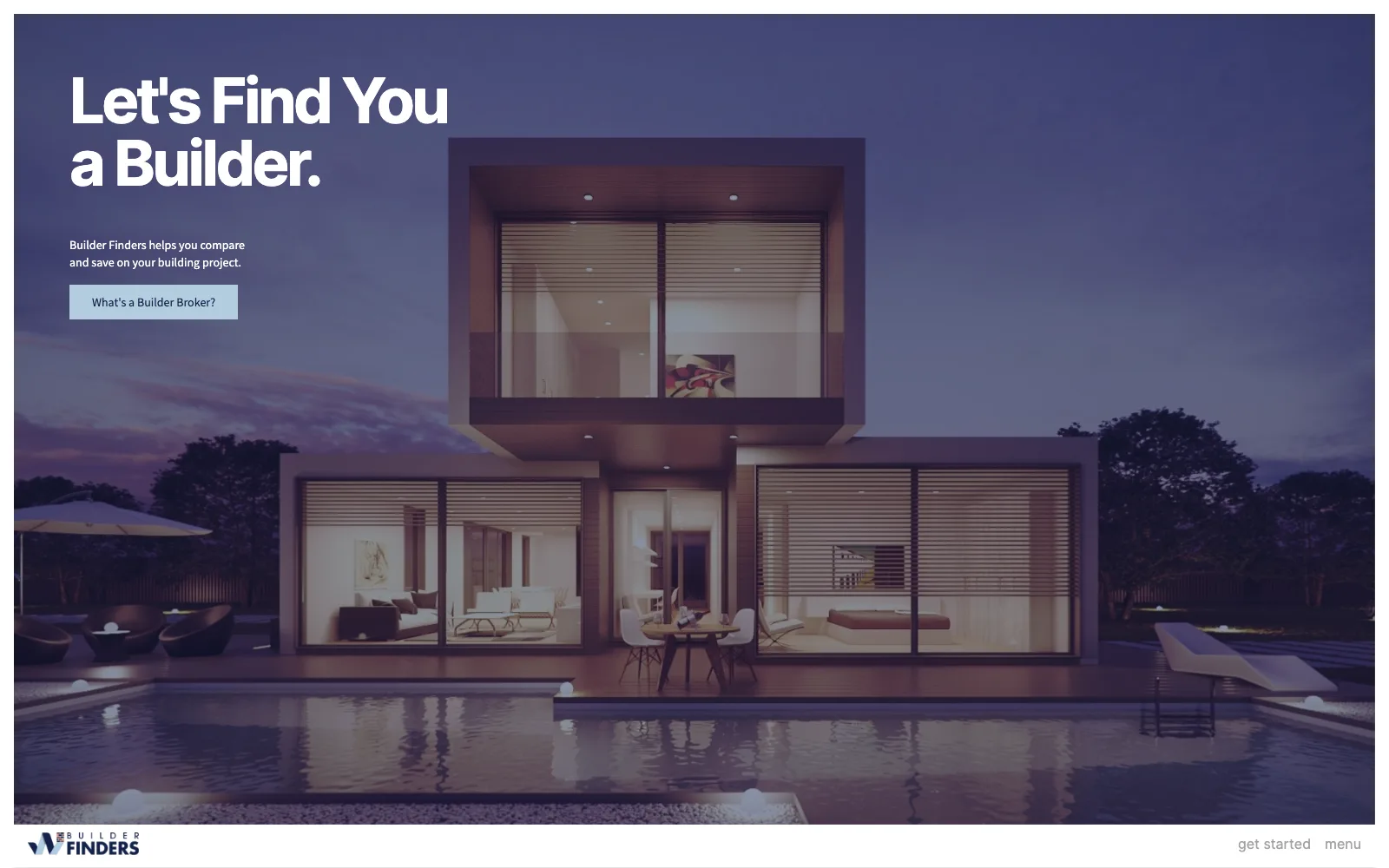 Builder Finders website home page with a modern house at dusk